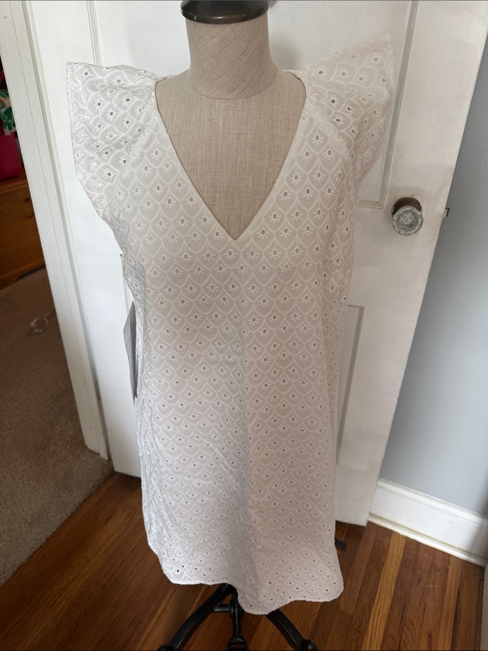 LOFT White Eyelet V-Neck Flutter Sleeve Dress